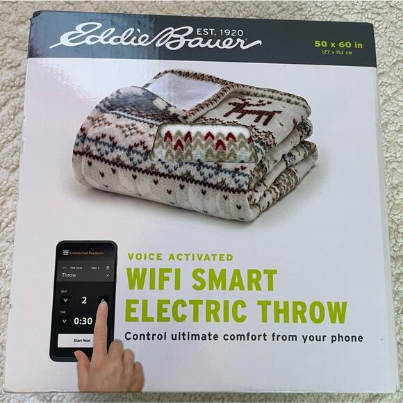 EDDIE BAUER SMART HEATED ELECTRIC THROW BLANKET WI-FI ENABLED FAIR ISLE SILVER - Picture 1 of 5